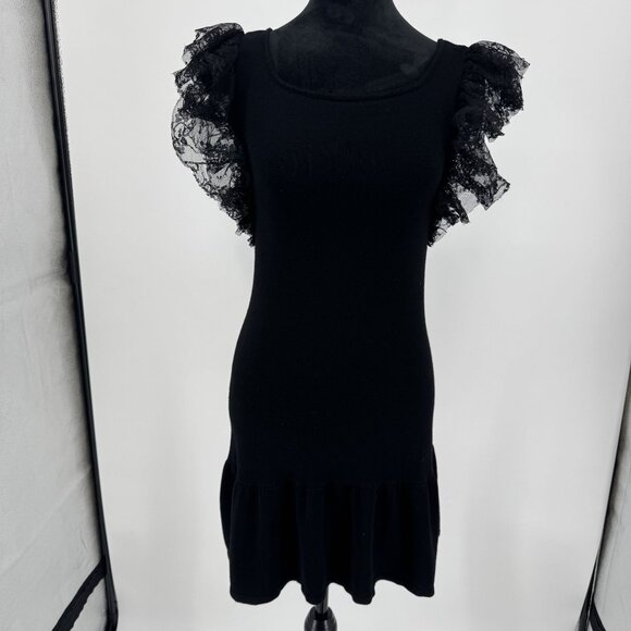 Candies Black Ribbed Fitted Dress Tulle Puff Sleeves Ruffle Hem S Whimsigoth Vtg - Picture 3 of 6